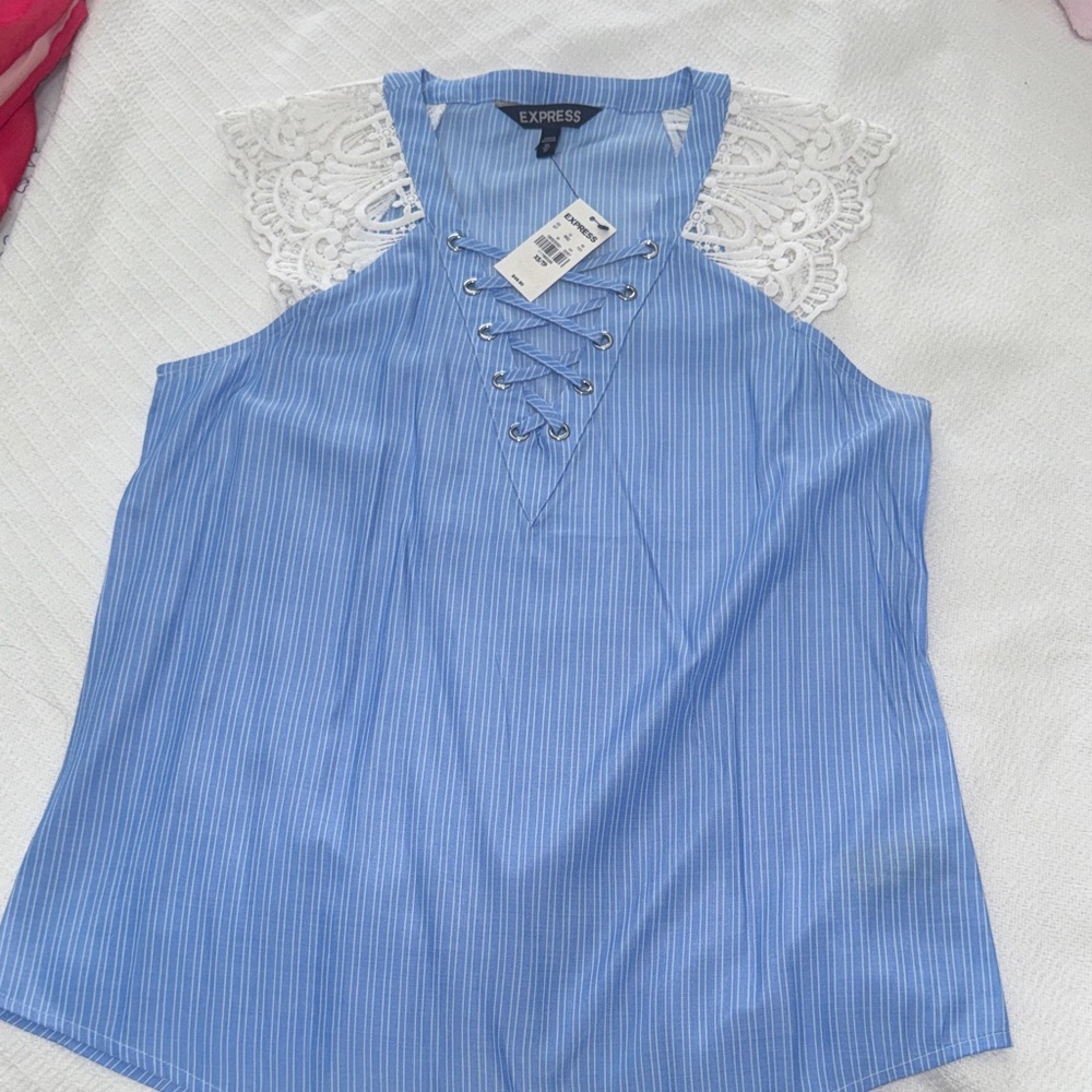 Express Blue Striped Lace-Up Camisole with White Lace Shoulders